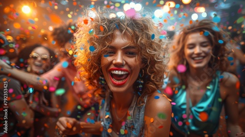 Lots of people dancing at an 80 s style party with confetti. Have fun and enjoy life. nightlife