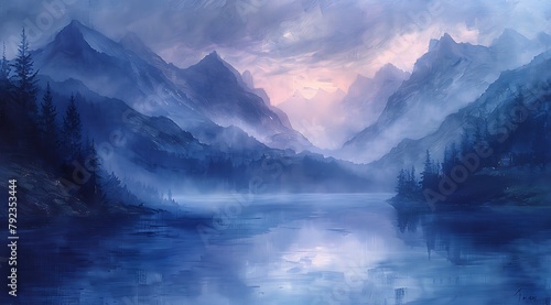 Twilight Serenity: Oil Painting of Mystical Highland Landscape with Floating Orbs