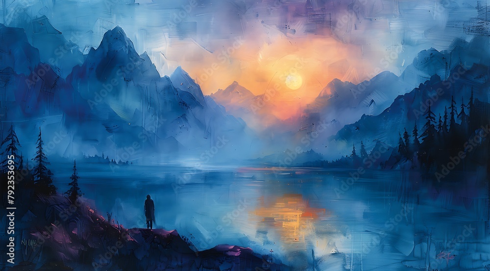 Orb-lit Highland Twilight: Oil Painting Evoking Magic in Mountain Landscape at Dusk