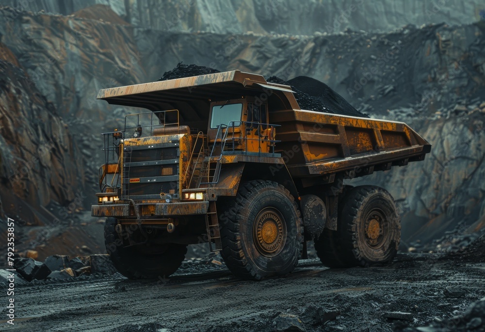 Mining dump truck transporting heavy equipment for black coal extraction in the field Mining dump truck transporting heavy equipment for black coal extraction in the field