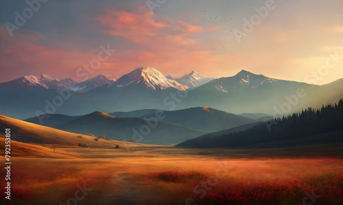 landscape with mountains in the background. The scenery includes a cloudy sky, outdoor setting, and mountain range
