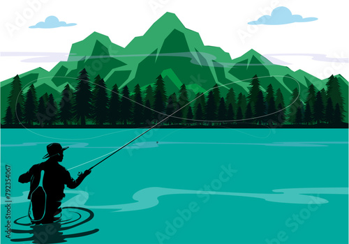 Fishing.Fly fisherman fishing.graphic fly fishing.Fishing with children at the river