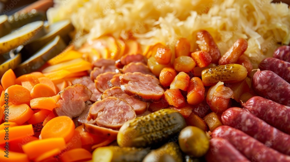 Closeup of a platter of German beer snacks including sauerkraut pickles and mustard. These flavorful accompaniments are often served with sausages and beer adding tangy and salty elements . Closeup of a platter of German beer snacks including sauerkraut pickles and mustard. These flavorful accompaniments are often served with sausages and beer adding tangy and salty elements .