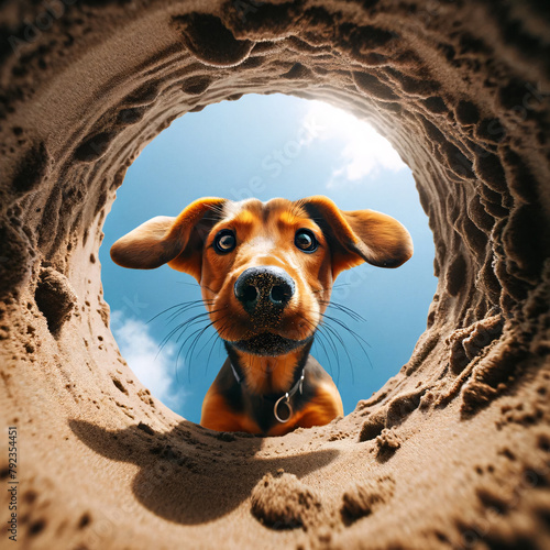 Curious Dog with Floppy Ears Peering into Sandy Hole