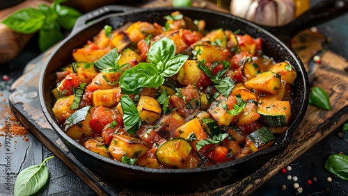 Classic vegetable ratatouille cooked in cast iron pan on rustic kitchen table. Concept Cooking, Recipe, Vegetables, Ratatouille, Cast Iron Pan, Rustic Kitchen, Healthy Eating