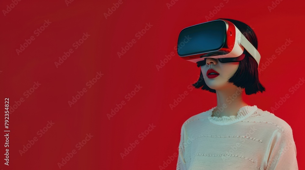 Portrait of woman using VR metaverse headset on red background, Woman wearing virtual reality headset Portrait of woman using VR metaverse headset on red background, Woman wearing virtual reality headset