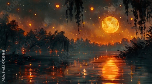 Orb-lit Night Oasis: Oil Painting Illuminating Riverside with Glowing Floating Spheres