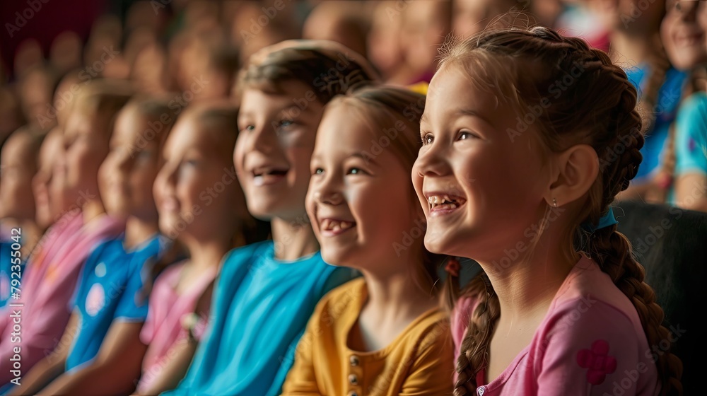 Side view of a children audience enjoying a kids concert or movie with happy smiling faces Side view of a children audience enjoying a kids concert or movie with happy smiling faces