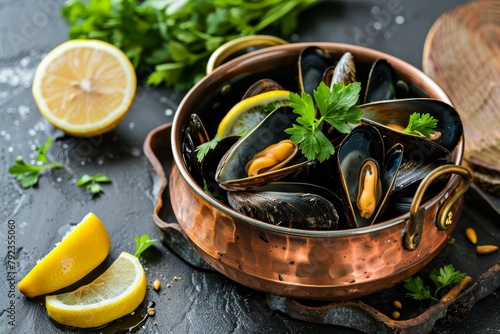 Mussels in copper bowl with lemon and herbs Shellfish seafood Top view