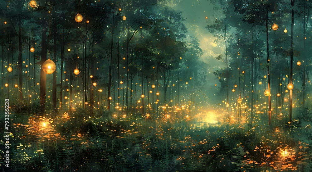 Mystical Midnight Garden: Oil Painting Illuminated by Floating Orbs in Enchanted Forest