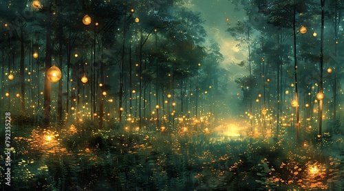 Mystical Midnight Garden: Oil Painting Illuminated by Floating Orbs in Enchanted Forest