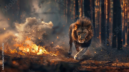 Lion Running From Fire Forest