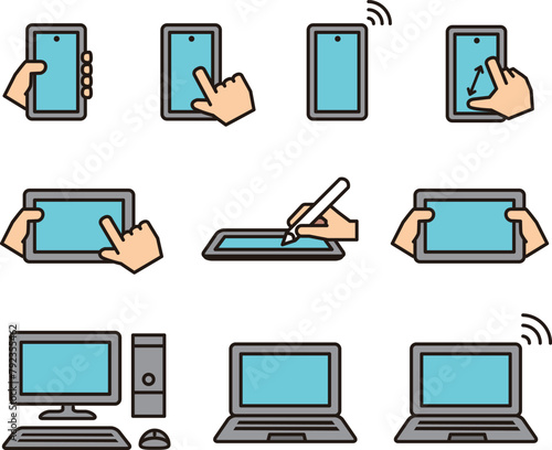 スマホ、パソコン、タブレット、いろいろなデバイス端末のイラストセット