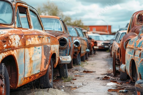 Old cars in scrapyard for recycling photo