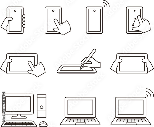 スマホ、パソコン、タブレット、いろいろなデバイス端末のイラストセット