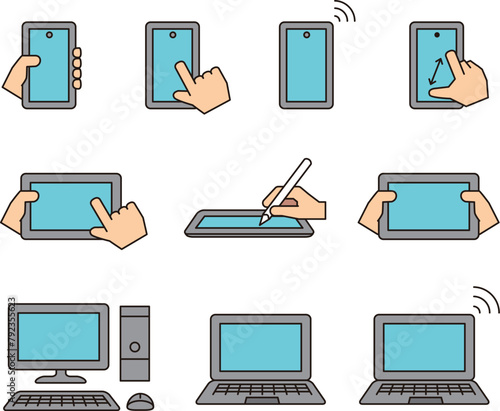 スマホ、パソコン、タブレット、いろいろなデバイス端末のイラストセット
