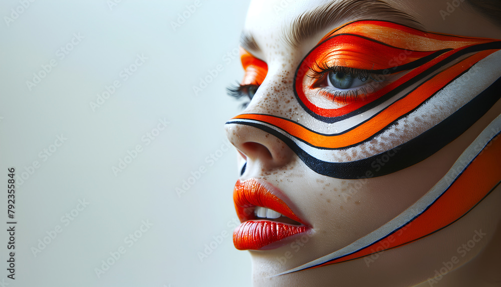 Obraz premium Fashion editorial Concept. Closeup portrait of woman with chiseled features, bold graphic wave streak paint white red orange black makeup. copy text space 