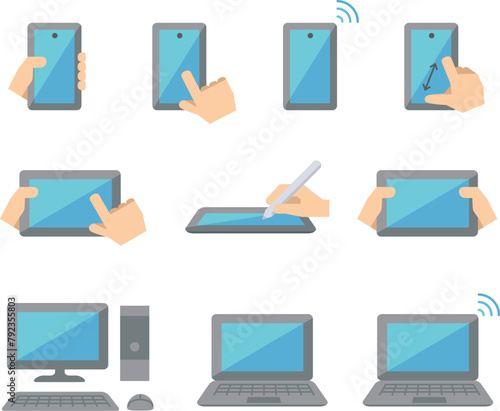 スマホ、パソコン、タブレット、いろいろなデバイス端末のイラストセット