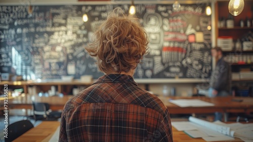 Back view of a curly-haired student focusing on mathematics in a classroom, with a detailed chalkboard full of equations in the backdrop.