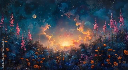 Aurora Bloom  Oil Painting Depicting Celestial Harmony in Tranquil Garden
