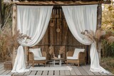 Outdoor gazebo decoration with vintage elements in natural setting White curtain dry plants and wicker furniture for summer house in park