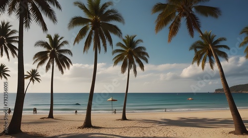 tropical beach view at sunny day with white sand  turquoise water and palm tree. Neural network generated image. Not based on any actual scene or pattern.generative.ai 