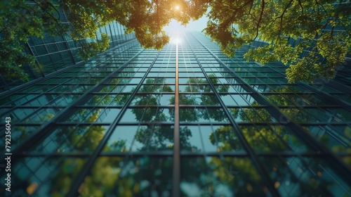 Environmentally friendly buildings in modern cities Sustainable glass office building with trees reduces heat and carbon dioxide. #792356043
