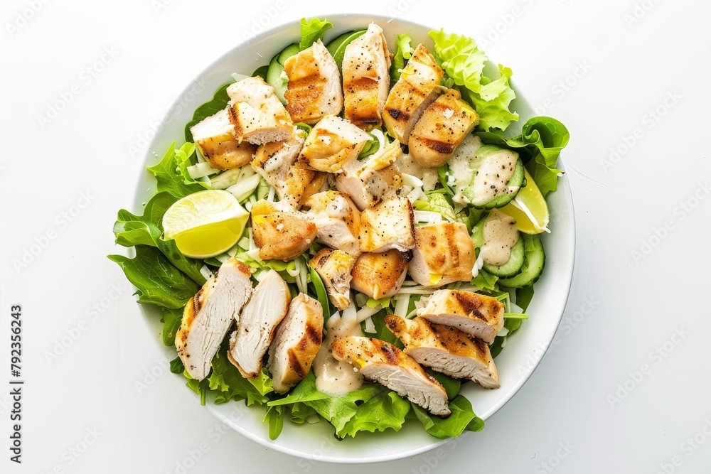 Overhead shot of isolated Chicken Caesar salad on white background Overhead shot of isolated Chicken Caesar salad on white background