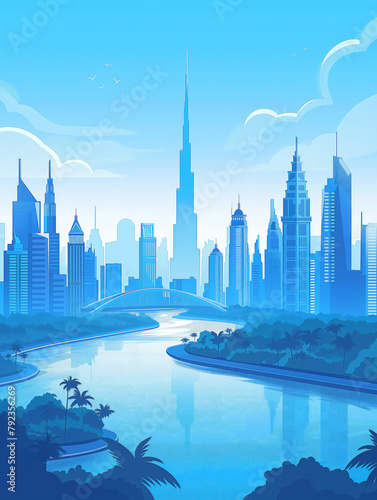 Dubai area infographic, top view, Summer and Sunny ,blue sky, burj khalifa in the middle , city buildings silhouetted, river, cartoon illustrations