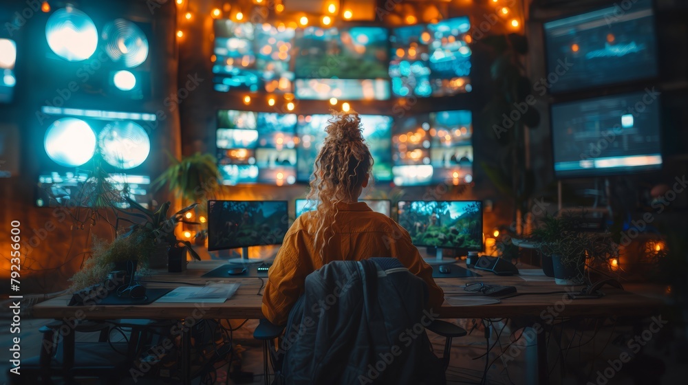 Young tech professional sits at a wooden desk, surrounded by multiple glowing screens in a vibrant, modern office setting. The ambient lighting and plants add a cozy atmosphere to the cutting-edge wor