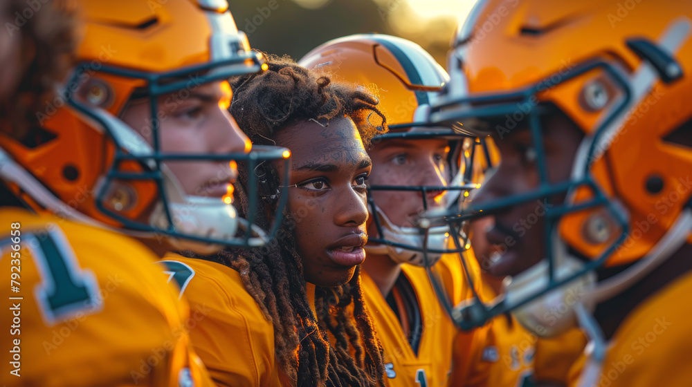 Close-up of young American football players in helmets, deeply focused in a team huddle during a stunning sunset.