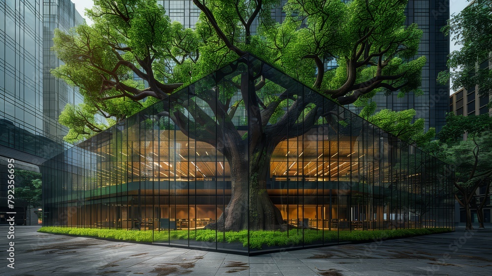 Environmentally friendly buildings in modern cities Sustainable glass office building with trees reduces heat and carbon dioxide.
