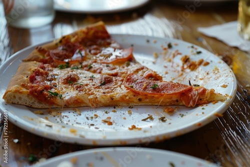 Partially eaten pizza dirty plate leftovers