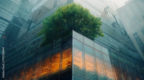Environmentally friendly buildings in modern cities Sustainable glass office building with trees reduces heat and carbon dioxide. #792356864