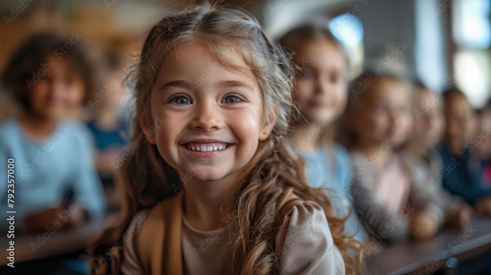 Education and child development Little girl smiling while sitting in class and fellow students Education and child development Little girl smiling while sitting in class and fellow students