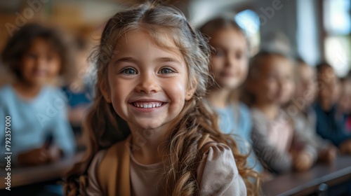 Education and child development Little girl smiling while sitting in class and fellow students