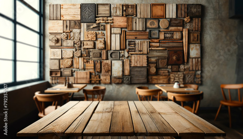 Vintage wooden boards arranged in a charmingly haphazard way create a unique and nostalgic wall decoration for cafes, restaurants, or homes photo