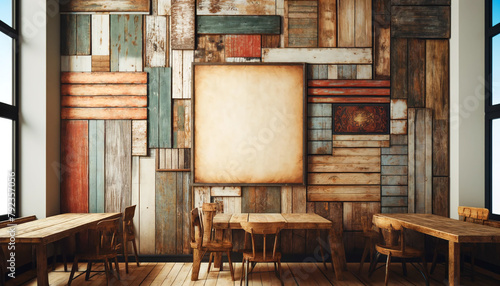 Vintage wooden boards arranged in a charmingly haphazard way create a unique and nostalgic wall decoration for cafes, restaurants, or homes