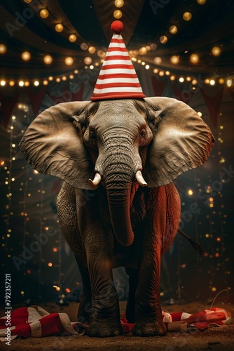 Circus elephant under big top striped hat