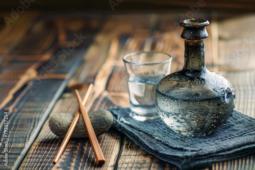 Sake and chopsticks on the table in Japanese style photo