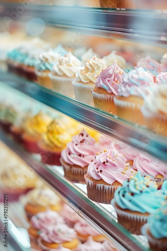 Cupcakes in bakery display selective focus