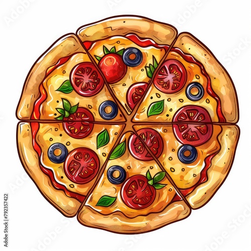 Cartoon illustration of pizza on white background, AI generated Image © marfuah