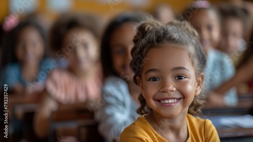 Education and child development Little girl smiling while sitting in class and fellow students © Morng