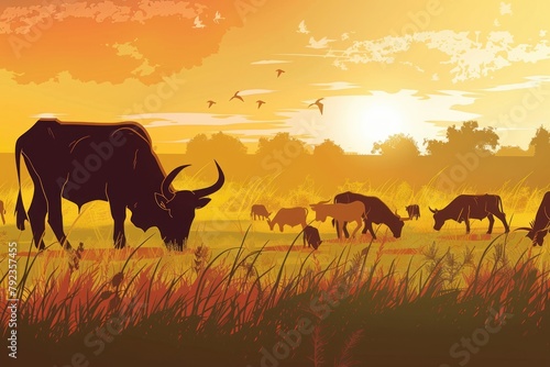 Cartoon cute doodles of a group of animals grazing in a field  with the warm hues of the sunset casting long shadows across the grass  Generative AI