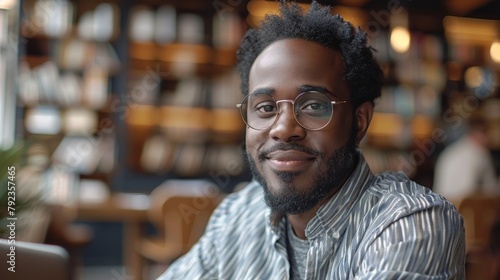 Professional young black man with glasses and a friendly smile, dressed casually in a striped shirt, sitting in a library filled with books.