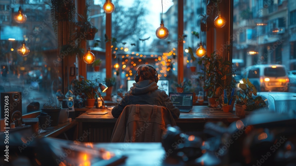 Young male student with headphones studies intently on a laptop in a warmly lit, cozy cafe, surrounded by lush plants and ambient lighting. Young male student with headphones studies intently on a laptop in a warmly lit, cozy cafe, surrounded by lush plants and ambient lighting.