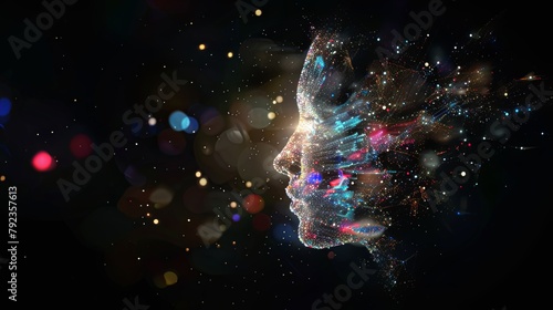 Abstract Human Head Profile Made of Glowing Digital Elements and Circuits on Dark Background with Bokeh Lights, Concept for Artificial Intelligence Technology, Machine Learning or Big Data 