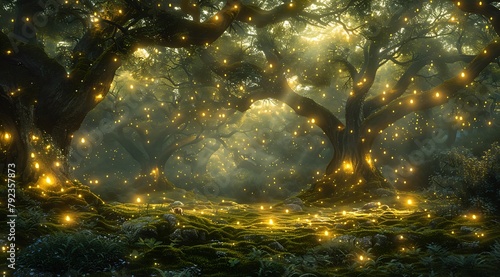 Mystical Forest Illumination: Oil Painting of Enchanted Clearing with Floating Orbs