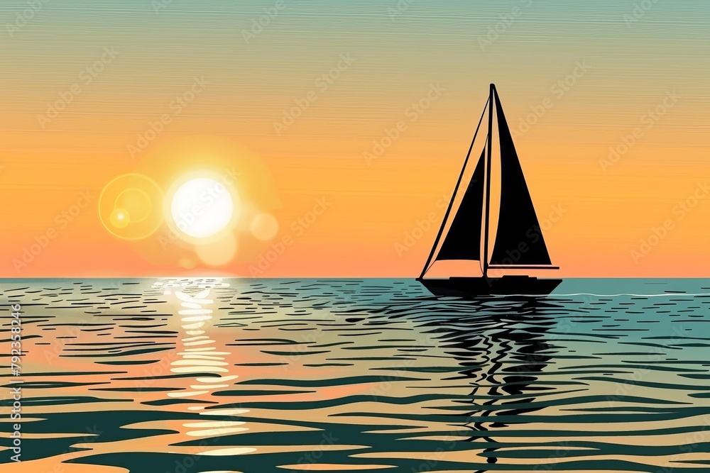 Cartoon cute doodles of a lone sailboat on the horizon, with the sun dipping below the water, creating a beautiful silhouette against the shimmering ocean, Generative AI