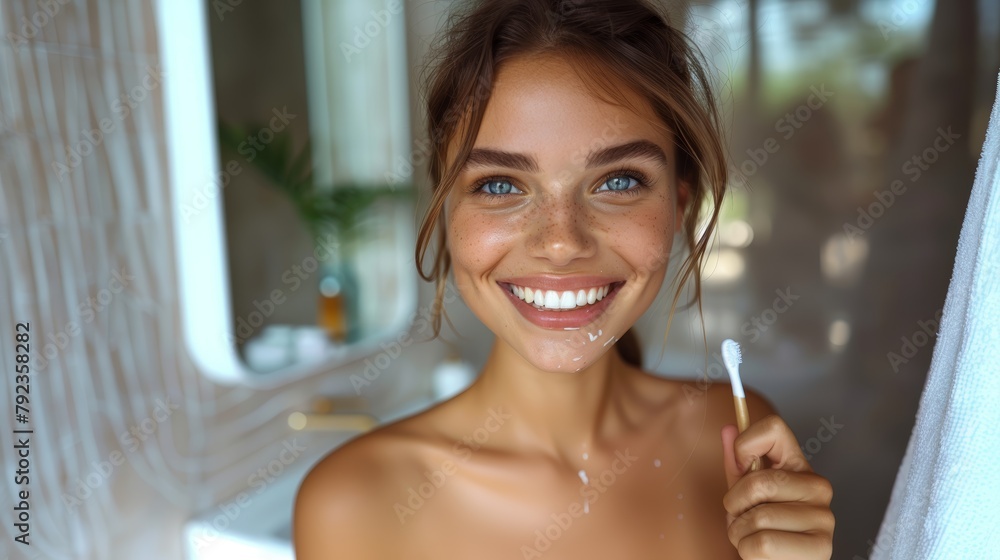 Vibrant young woman brushes her teeth in a sunlit bathroom, exuding a joyful and carefree spirit, surrounded by a naturally lit, cozy setting.